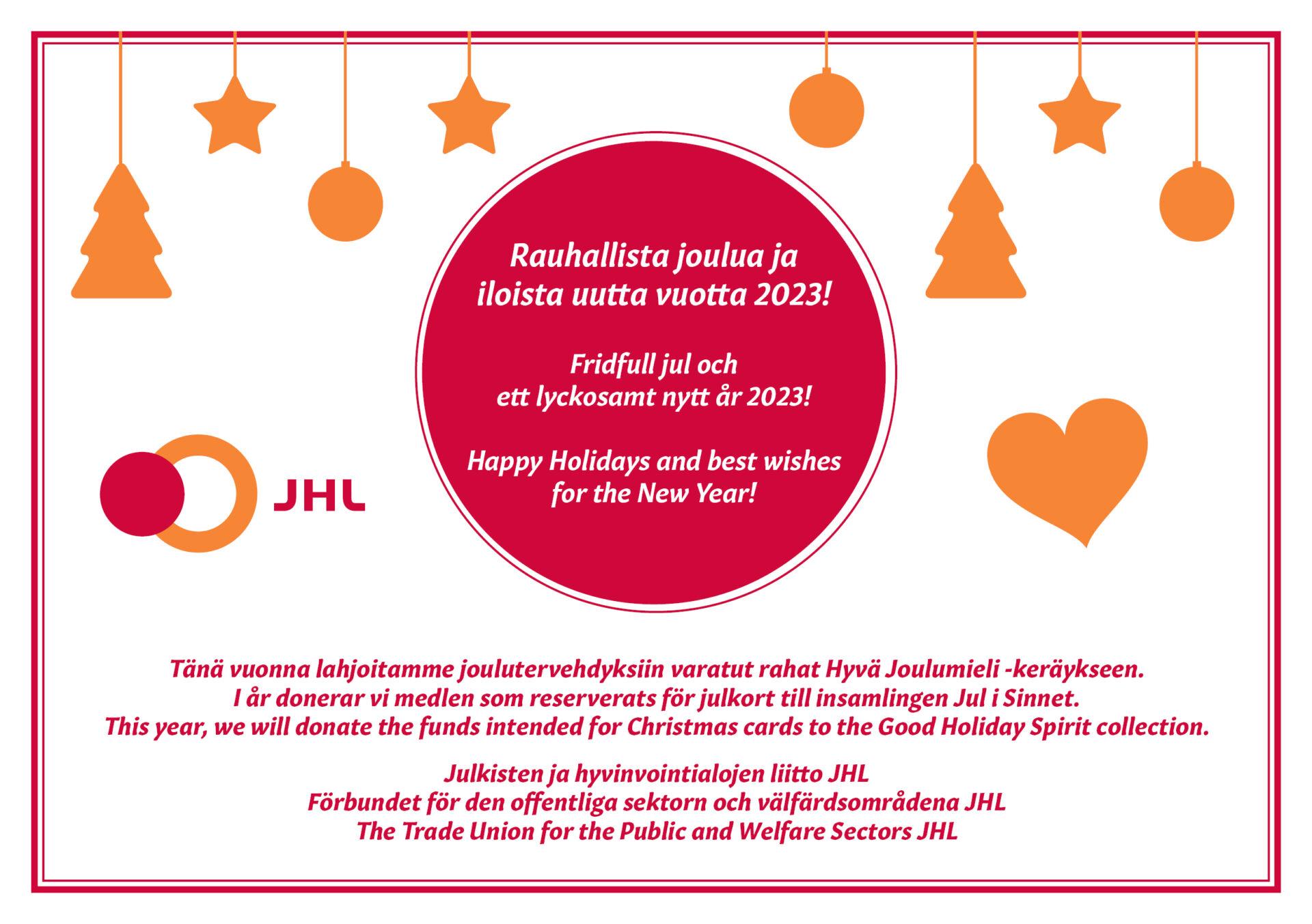 JHLn joulutoivotus punaisen pallon sisällä