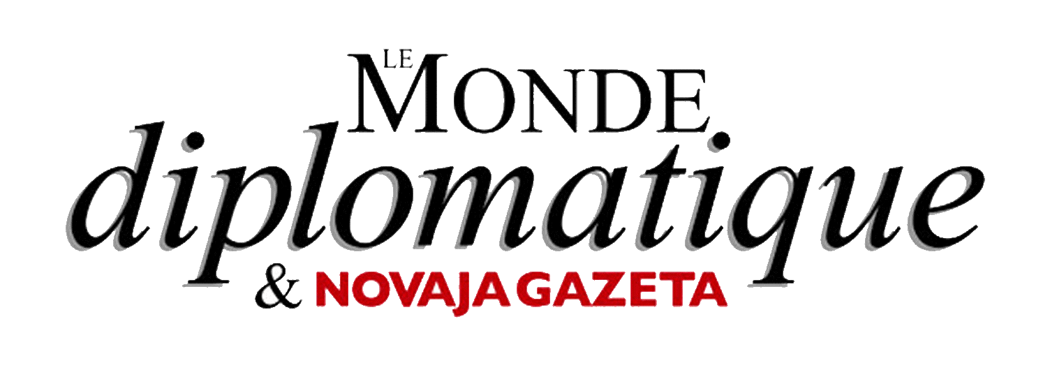 Le Monde diplomatique & Novaja Gazeta -lehden logo. Lehden nimi lukee tekstinä vaaleaa taustaa vasten.