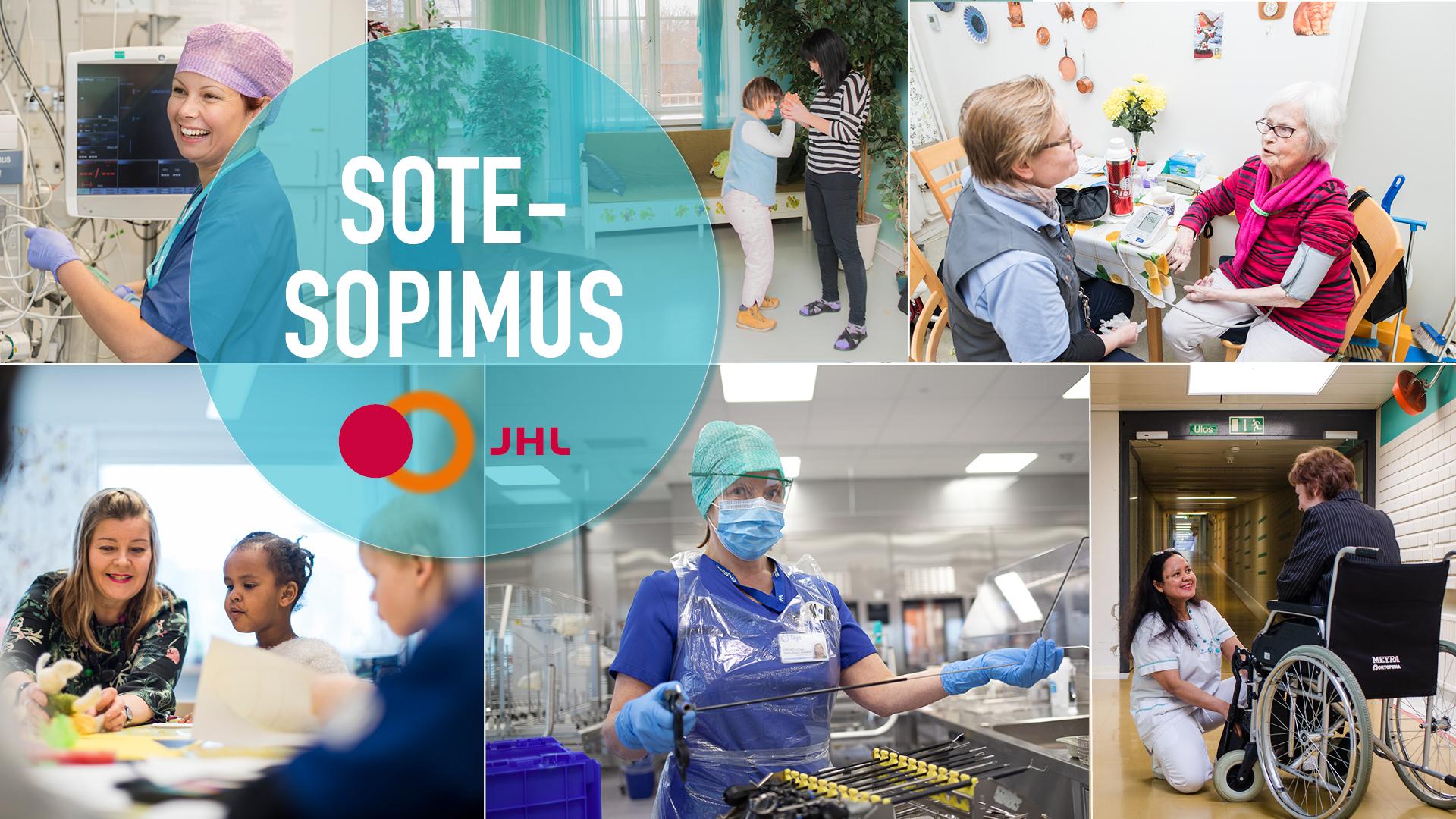 Kuvakollaasi eri sote-alan ammattilaisista