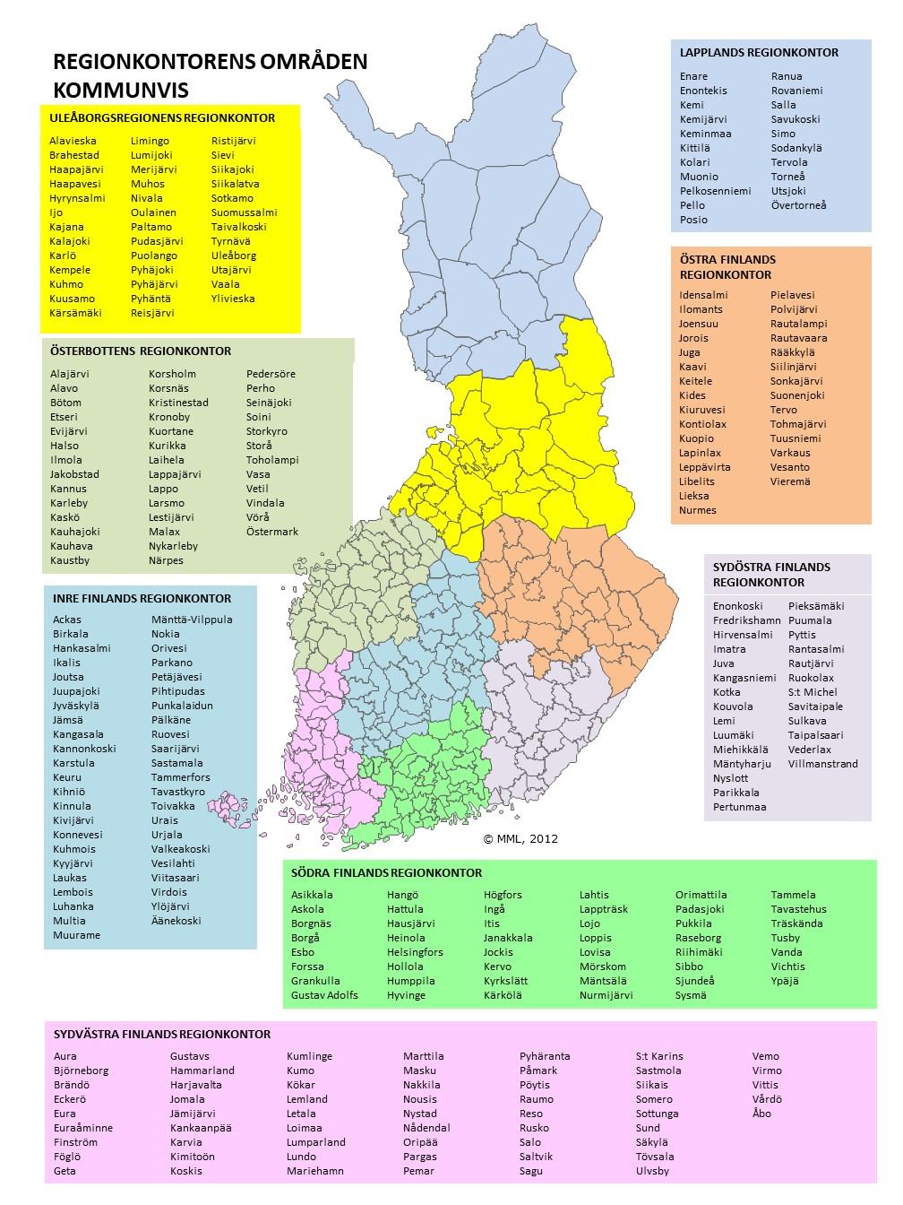 Suomen kartta, joka on väritetty eri väreillä JHL:n aluetoimistojen mukaisesti.
