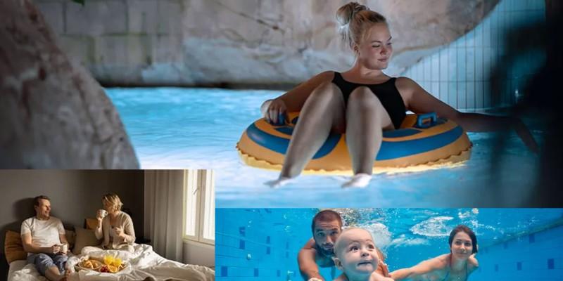 Kuvakooste, aikuinen kelluu isolla uimarenkaalla altaassa, kaksi aikuista istuu hotellihuoneessa sängyllä, lapsi ja kaksi aikuista sukeltavat kirkkaassa vedessä.