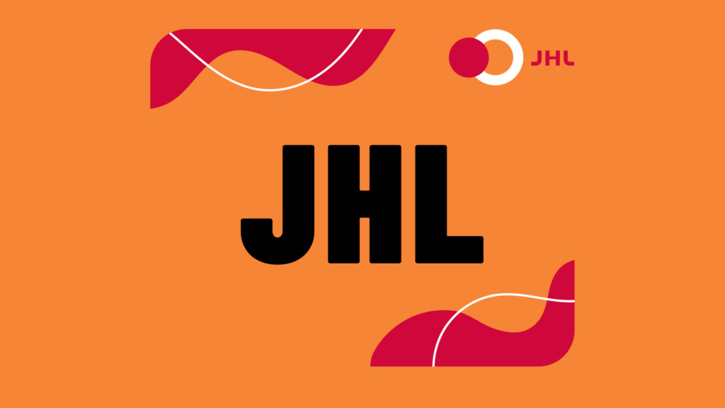 JHL:n logo ja kirjaimet JHL osanssilla pohjalla jossa punaiset aaltokuviot ja valkoinen elämänlanka