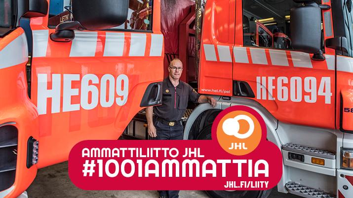 Paloasema, autoja ja pelastaja. Ammattiliitto JHL puolustaa pelastajana työskentelevien työehtoja julkisilla ja hyvinvointialoilla.