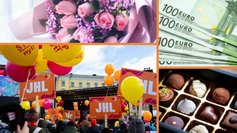 Kuvakollaasi, jossa ammattiliitto JHL:n jäseniä mielenosoituksessa, ruusuja, suklaata ja sadan euron seteleitä.