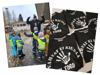 Suomen Vahvin Mies Mika Törrö päiväkodissa Joensuussa puhumassa kiusaamista vastaan.